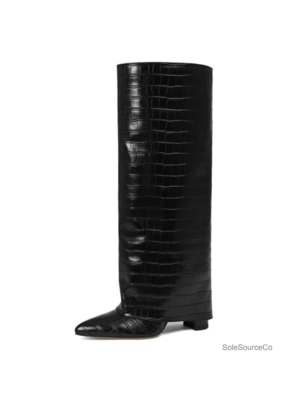 Wide Calf Knee High Boots Faux Leather Chunky Heel Pointed Toe Slouchy Womens
